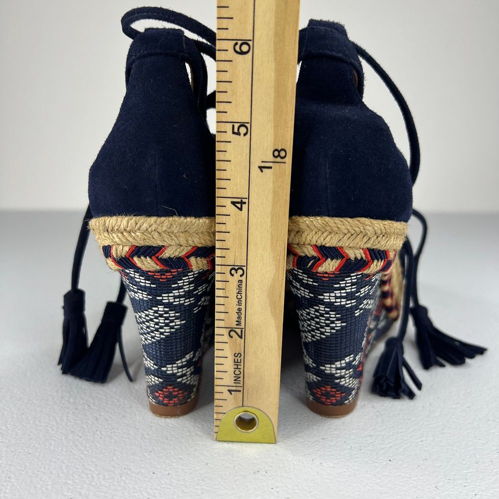 Cabi Isla Espadrille Wedge Sandal Navy Blue Suede Ankle Tie Up Tassels Western 6 - Picture 9 of 13